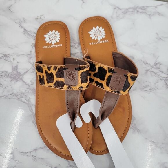 Yellow Box Leopard Dyed Calf Hair Leopard Print Flip Flop Thong Sandals NEW - Picture 2 of 8